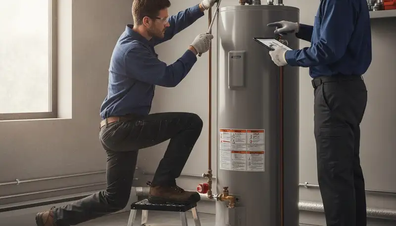 Water heater repair technician servicing a San Diego, CA home for fast emergency plumbing help